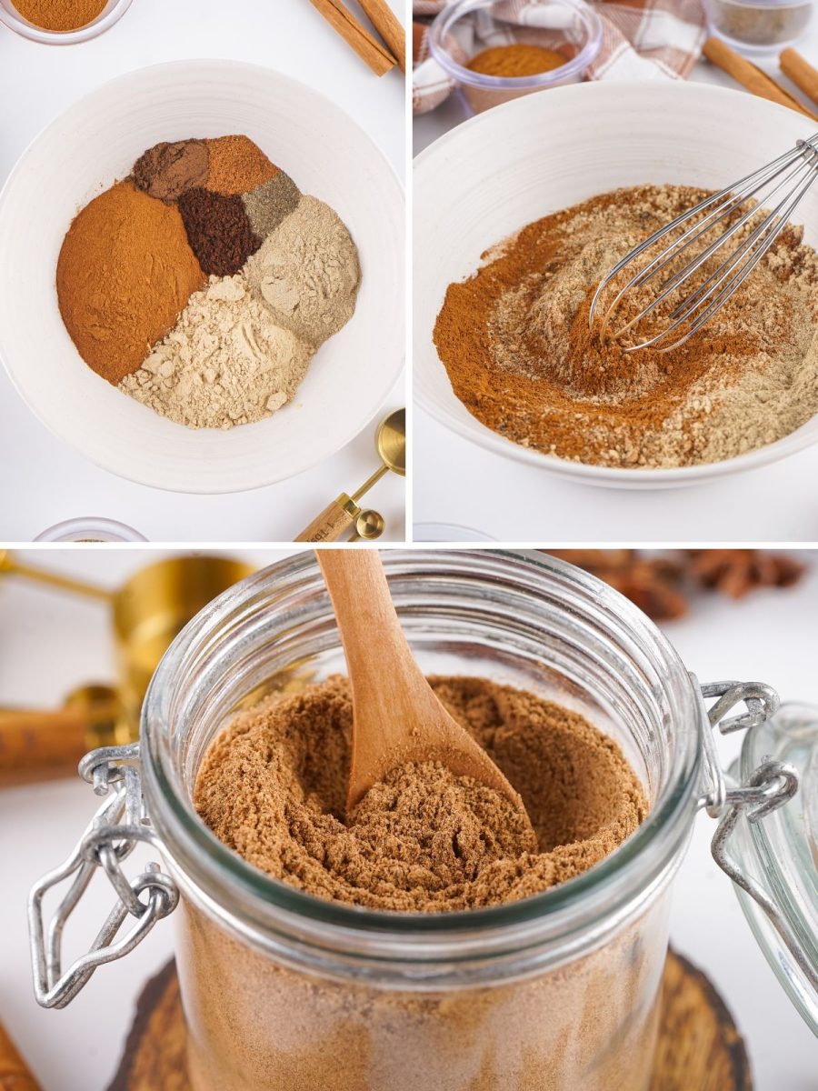 A three-part collage showing various ground spices in a bowl, whisking the ingredients, and the finished blend in a jar.