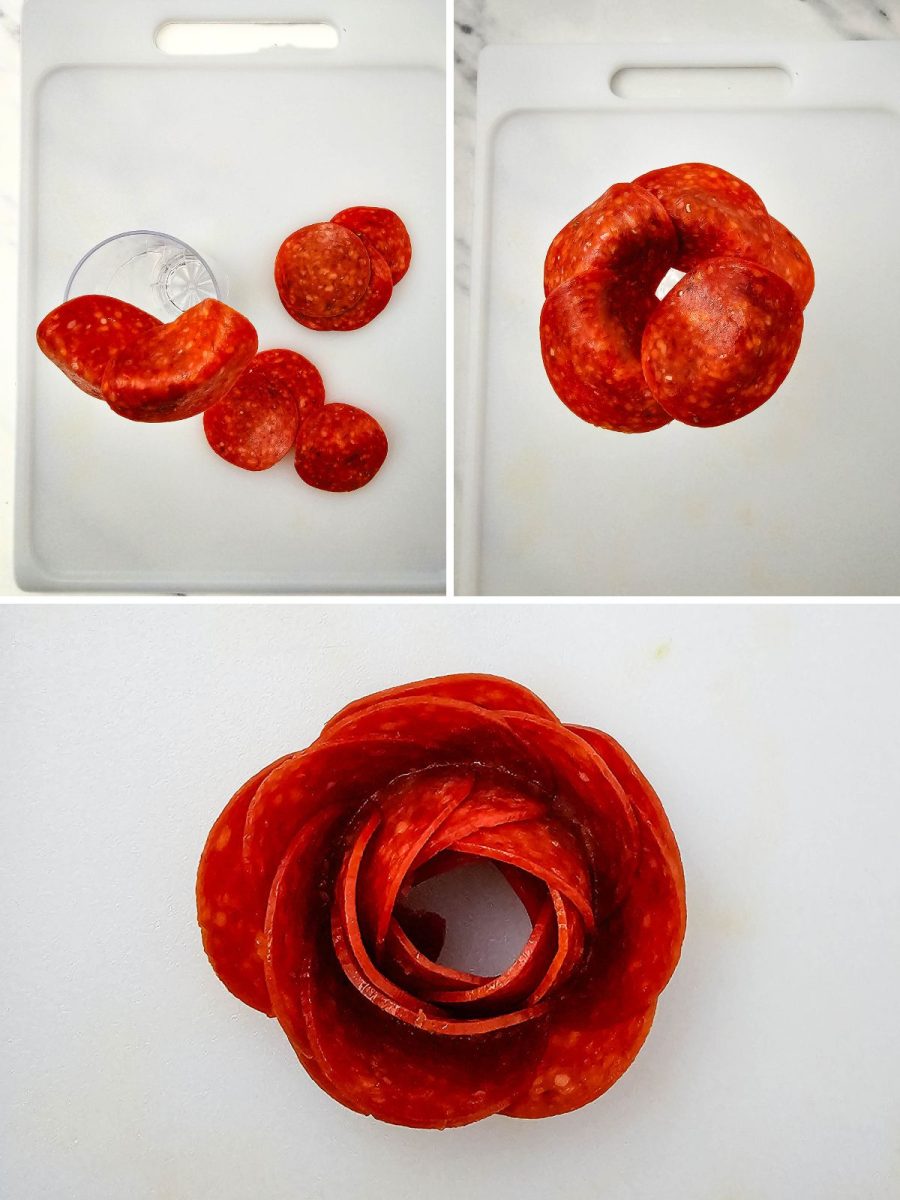 A three-part instructional photo demonstrating how to layer pepperoni slices over a glass rim to create a decorative meat rose.