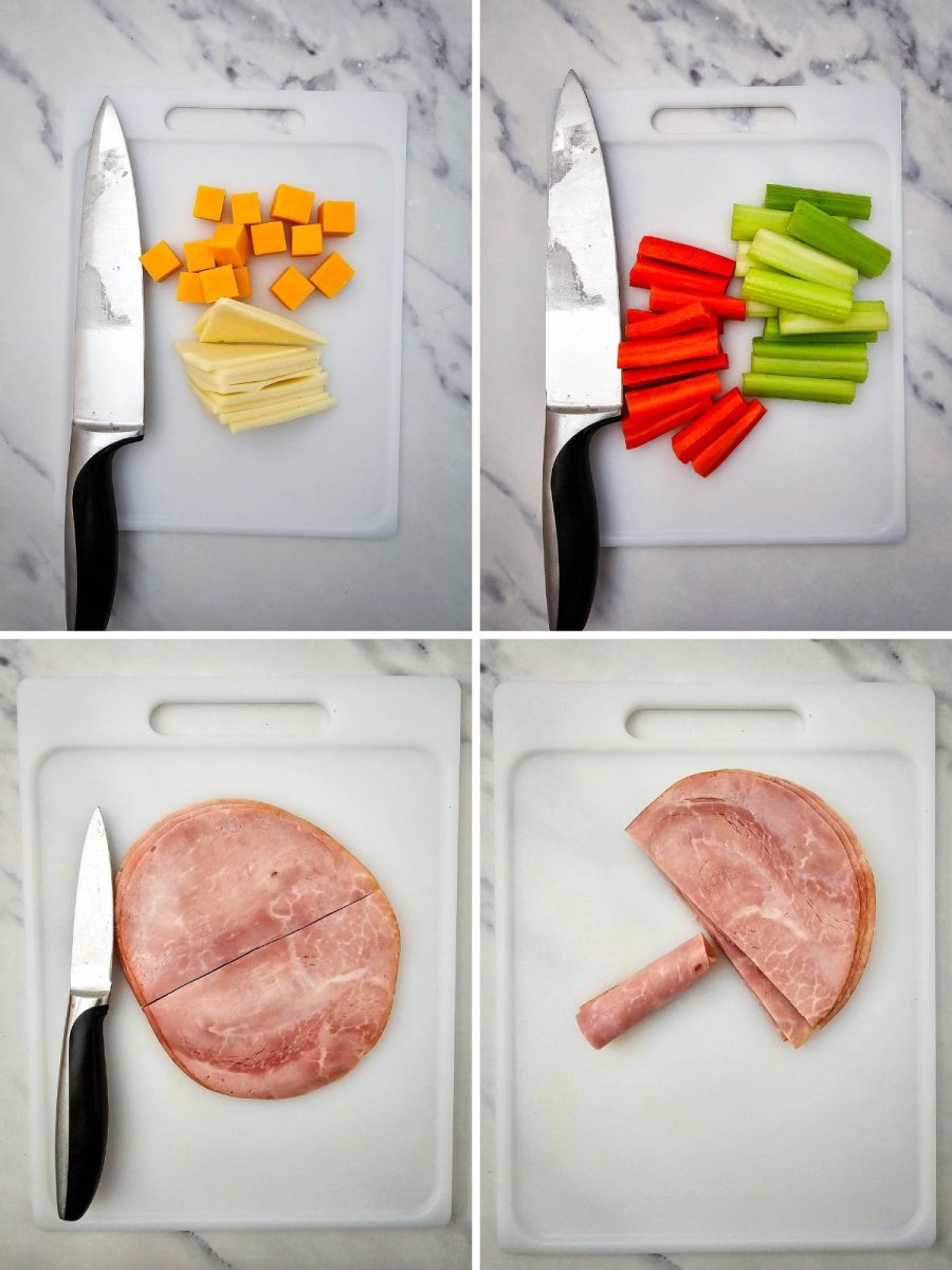 A four-image collage showing the preparation of cheese cubes, carrot and celery sticks, and rolled ham slices on a white cutting board.