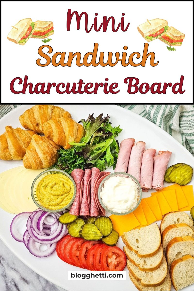A tall Pinterest-style image featuring a full overview of the deli platter at the bottom and the blogghetti.com logo. The top half includes bold text and watercolor illustrations of stacked club sandwiches.