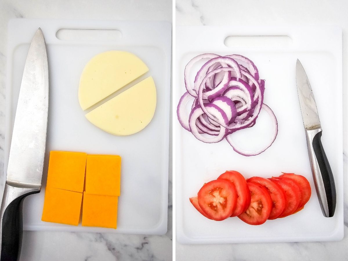 A two-part image showing fresh sandwich ingredients being prepared on a white cutting board. The left side features sliced provolone and cheddar cheese next to a chef's knife, while the right side shows thinly sliced red onion rings and Roma tomatoes with a paring knife.