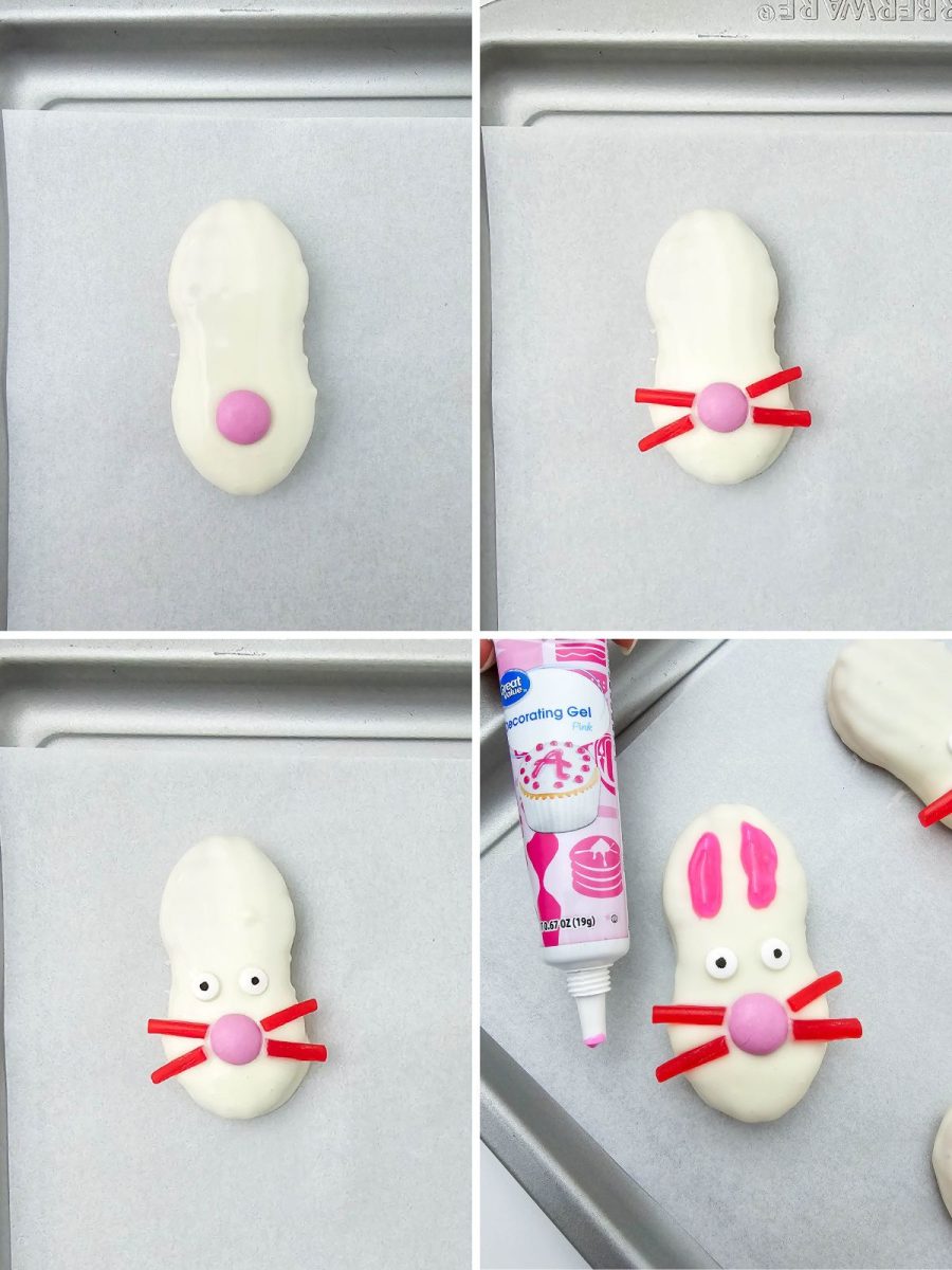 A four-step process photo showing how to assemble the bunny faces by adding a pink M&M nose, licorice whiskers, candy eyes, and pink gel icing ears.