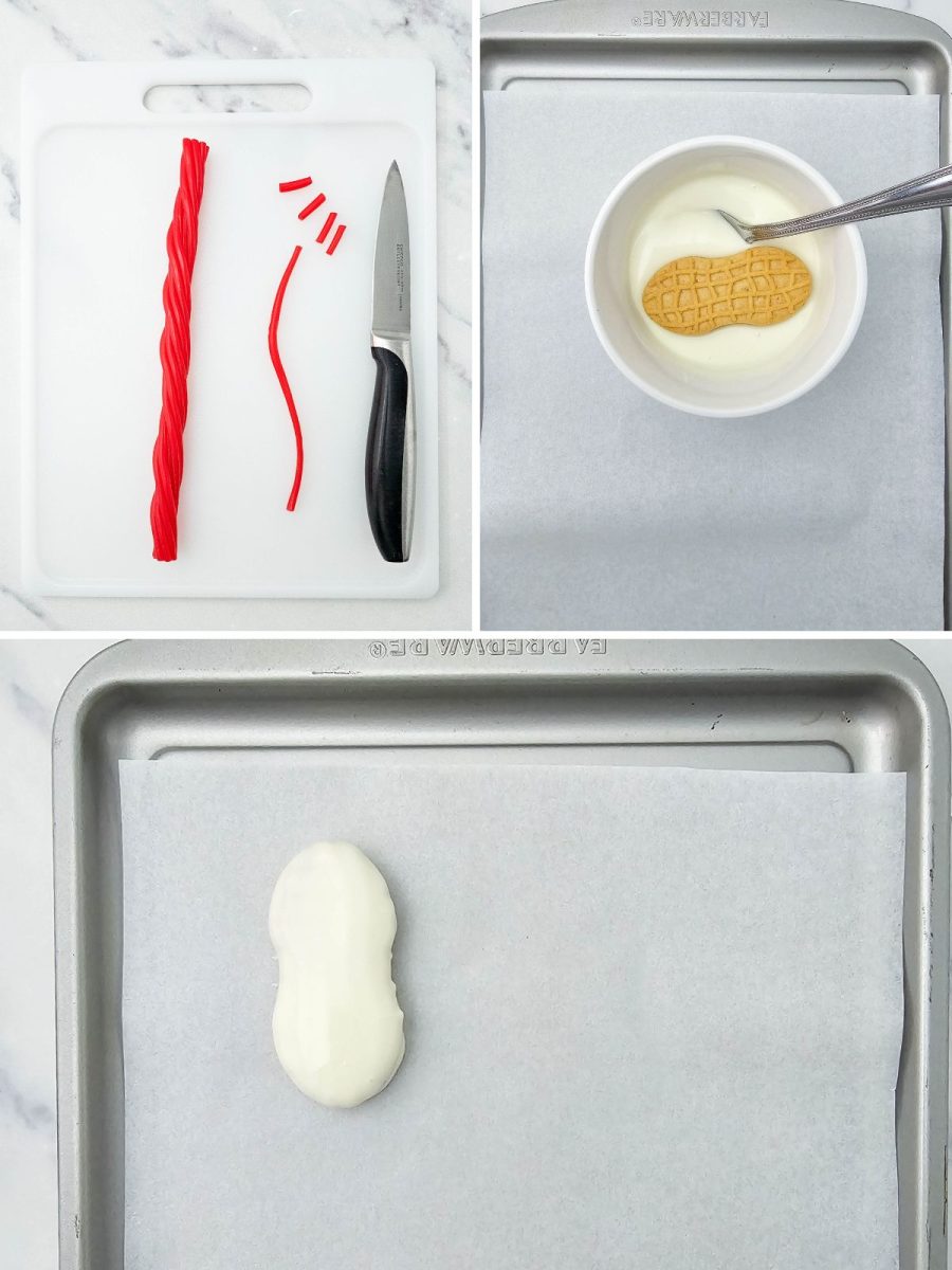 Process images showing red licorice being cut into whiskers, a Nutter Butter cookie being dipped into a bowl of melted white chocolate, and the coated cookie drying on parchment paper.