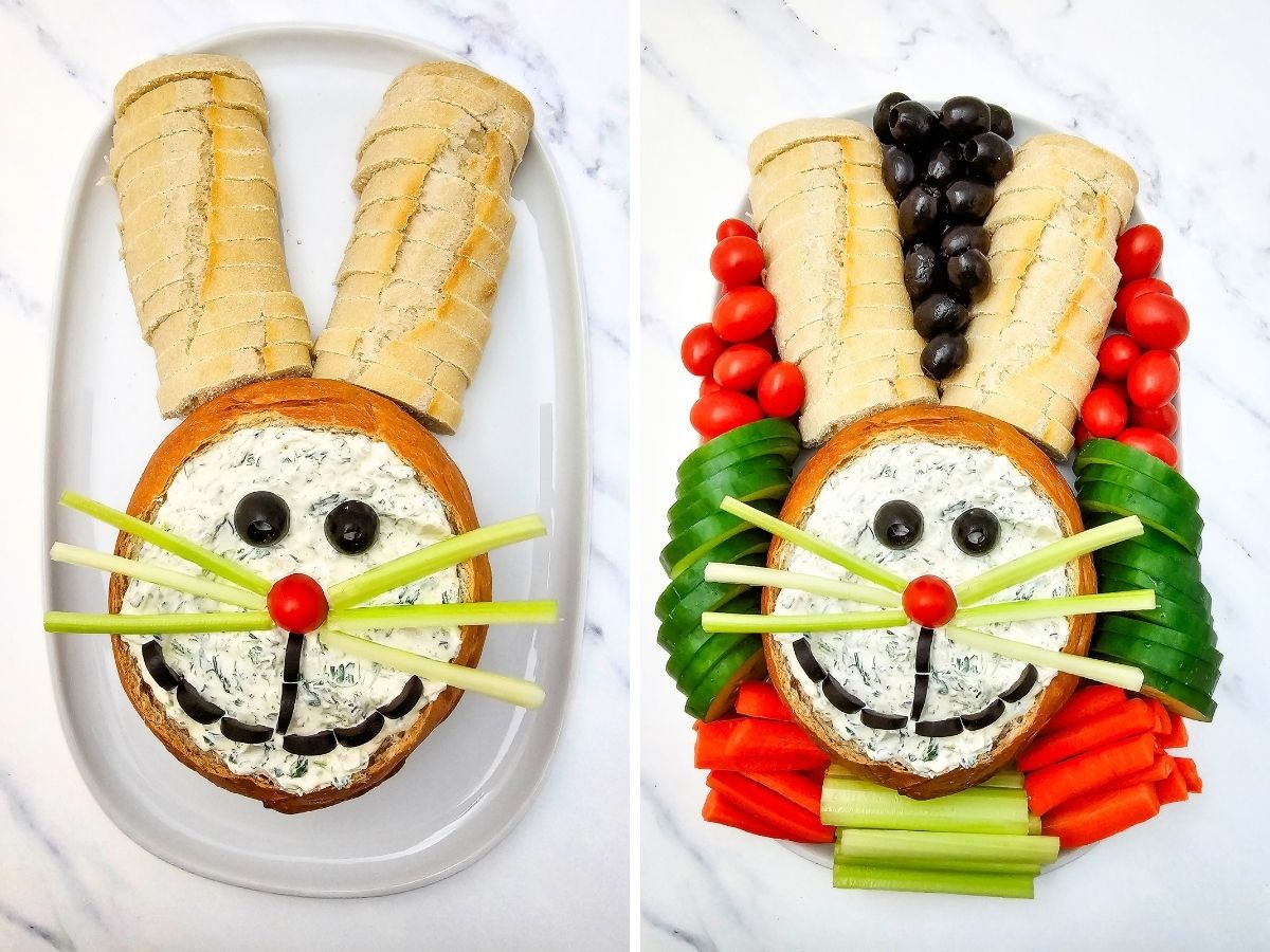 Two-part comparison showing how to build a rabbit-themed snack board, starting with the bread base and finishing with the colorful vegetable layout.