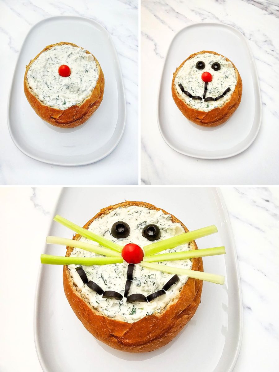 Step-by-step collage demonstrating how to use vegetable slices to decorate a dip bowl with a cute animal expression and celery whiskers.