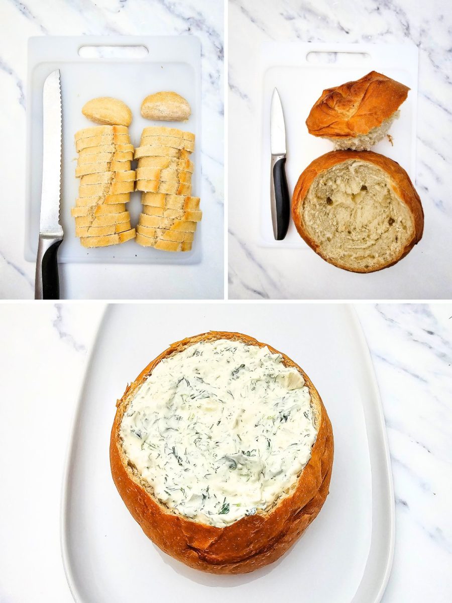 Kitchen prep photos showing a baguette being sliced and a round loaf being hollowed out to serve as a bowl for a savory party spread.