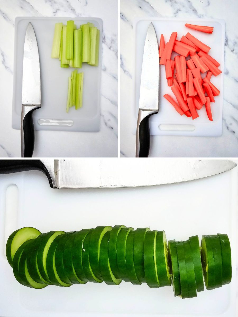 Series of images showing a chef's knife slicing fresh celery, julienning carrots, and cutting a cucumber into circles for a healthy dipping tray.