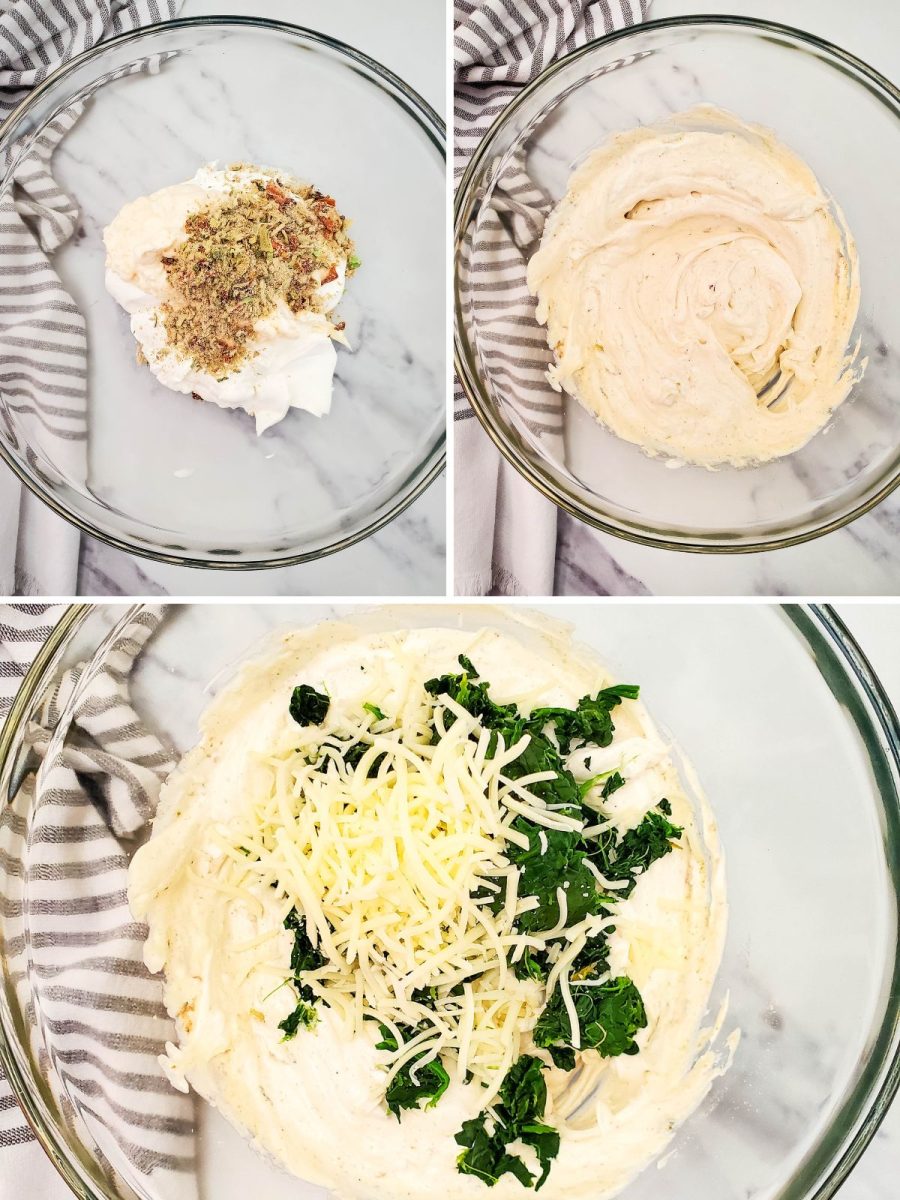 Three panel step-by-step process showing how to mix the creamy base and fold in the spinach and mozzarella cheese.
