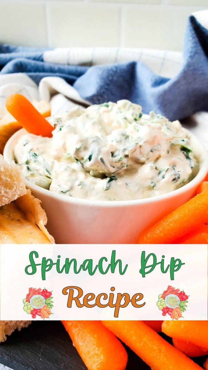 Vertical social media image for dip recipe with a decorative text overlay and vegetable illustrations.