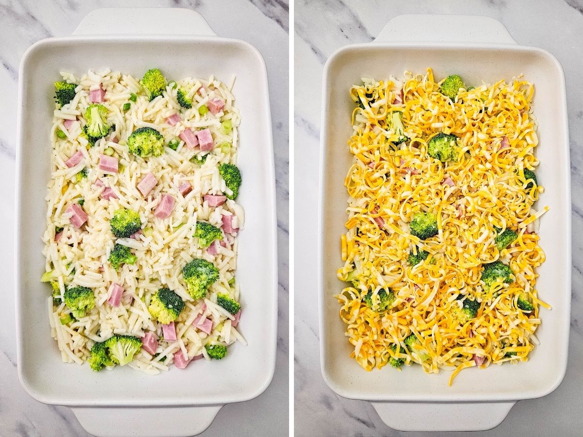 Two-part process showing a baking dish filled with a mixture of potatoes, ham, and broccoli, followed by a thick layer of shredded Colby Jack cheese on top.
