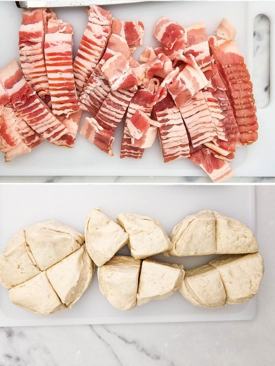 A two-part process photo showing raw bacon strips being sliced into pieces on top and refrigerated biscuit dough cut into quarters on the bottom.