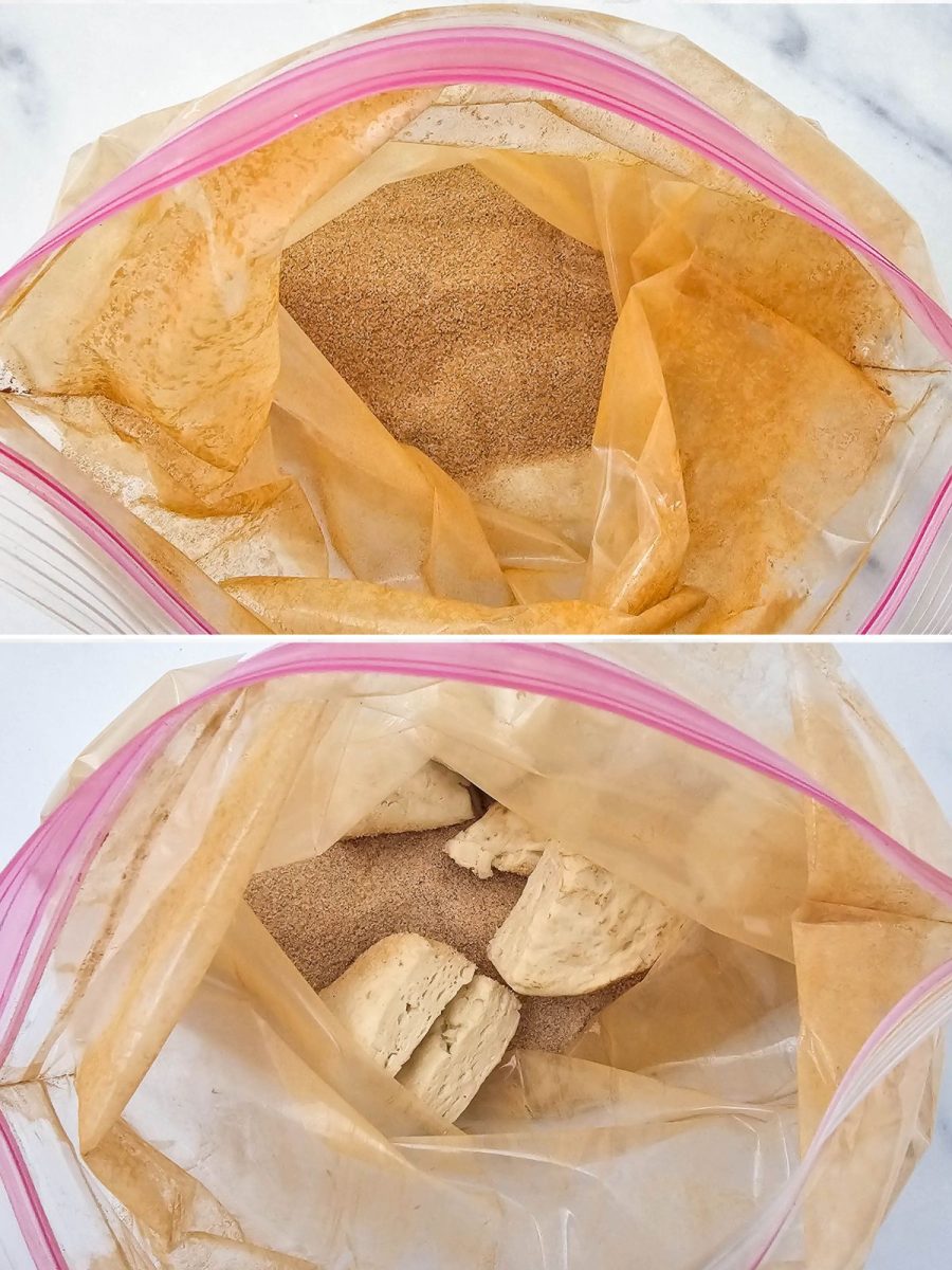 A split image showing a plastic bag filled with cinnamon sugar mixture and then biscuit pieces added into the bag to be coated.