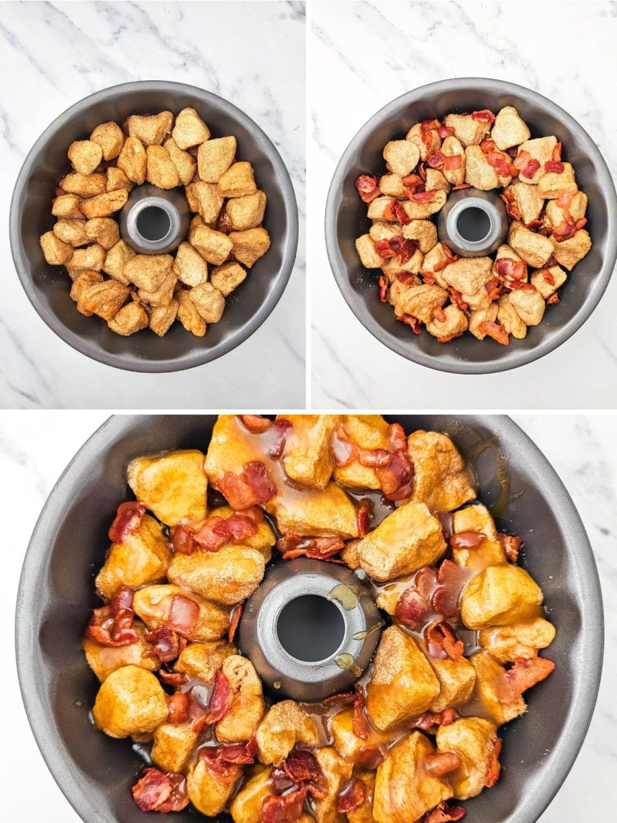 Three overhead photos of a bundt pan showing the process of layering cinnamon sugar biscuits, adding bacon, and drizzling with maple glaze.