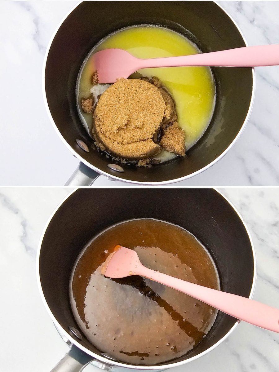 A two-panel photo showing butter and brown sugar in a saucepan and then the smooth, melted maple glaze after being stirred with a pink spatula.