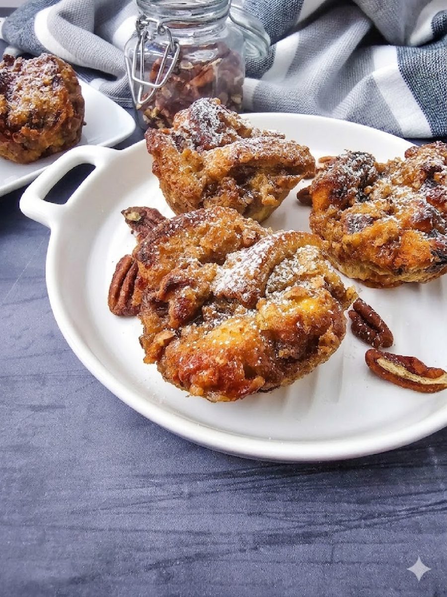 Golden French toast muffins dusted with powdered sugar and served with pecans on a white ceramic platter.