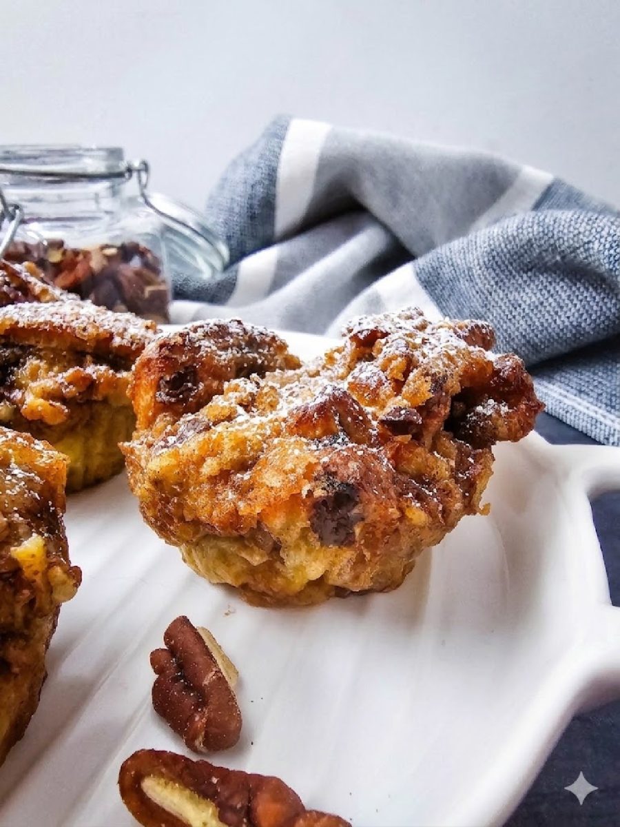 Image of one French toast muffin on white plate sprinkled with powdered sugar.