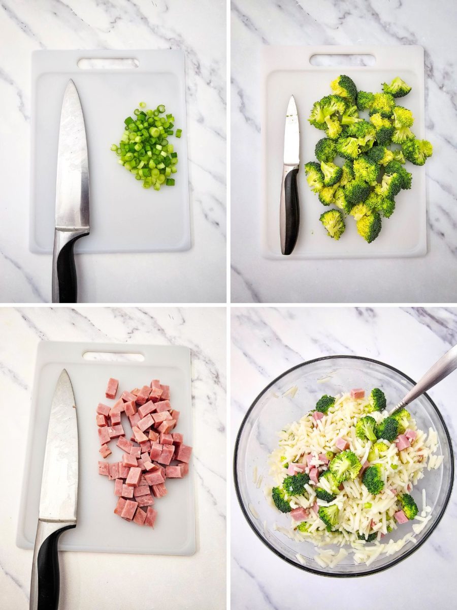 Four-panel image showing a knife slicing green onions, broccoli, and ham on a cutting board, with a final shot of the ingredients tossed in a glass mixing bowl.
