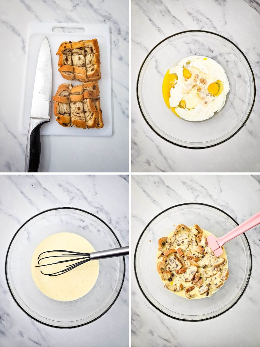 A four step process showing bread being cubed on a cutting board, whisking eggs and cream in a glass bowl, and mixing the bread into the custard.