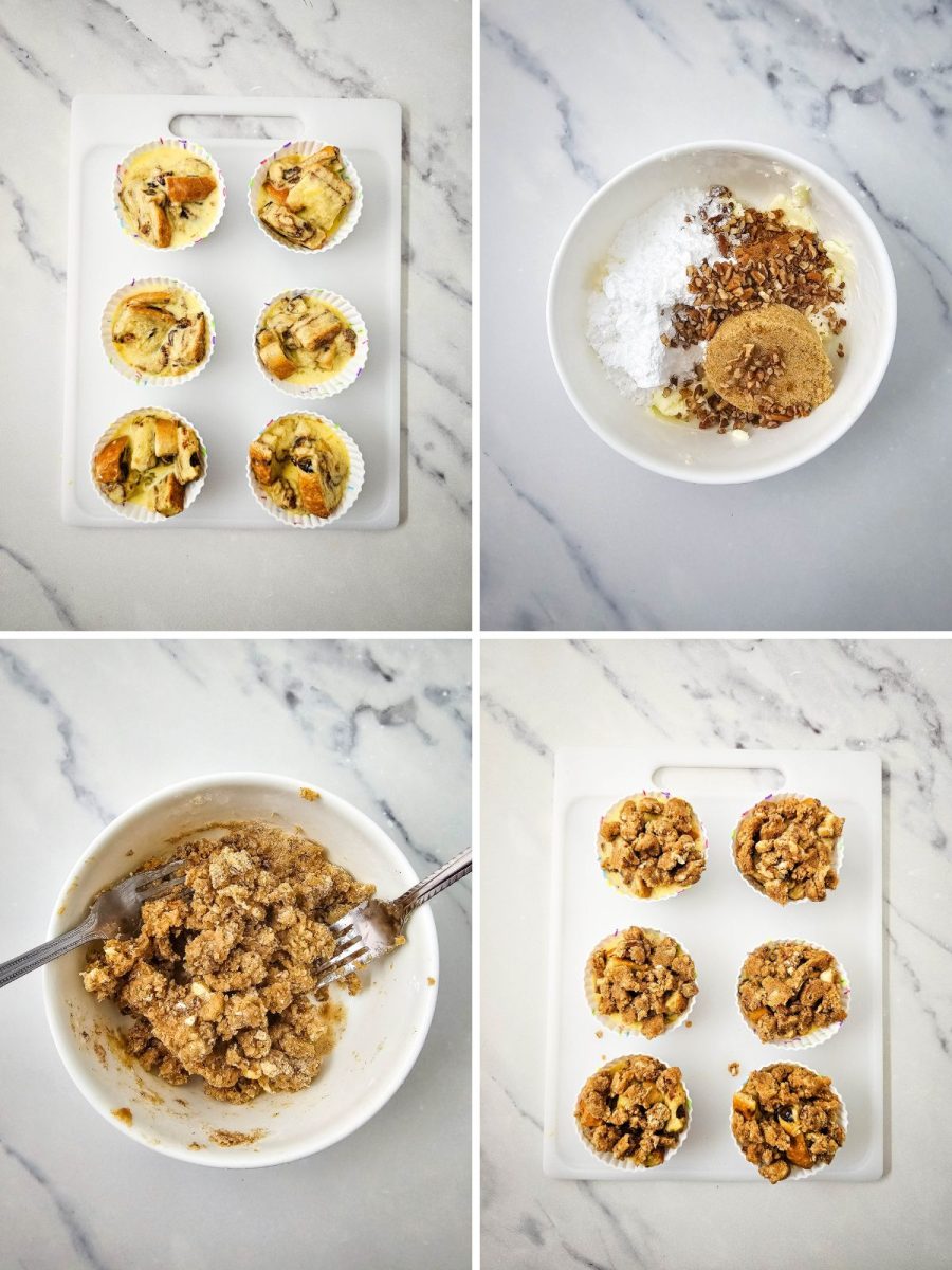 A four step process showing soaked bread in muffin liners and the steps to mix butter, sugar, and pecans together for the crumble topping.