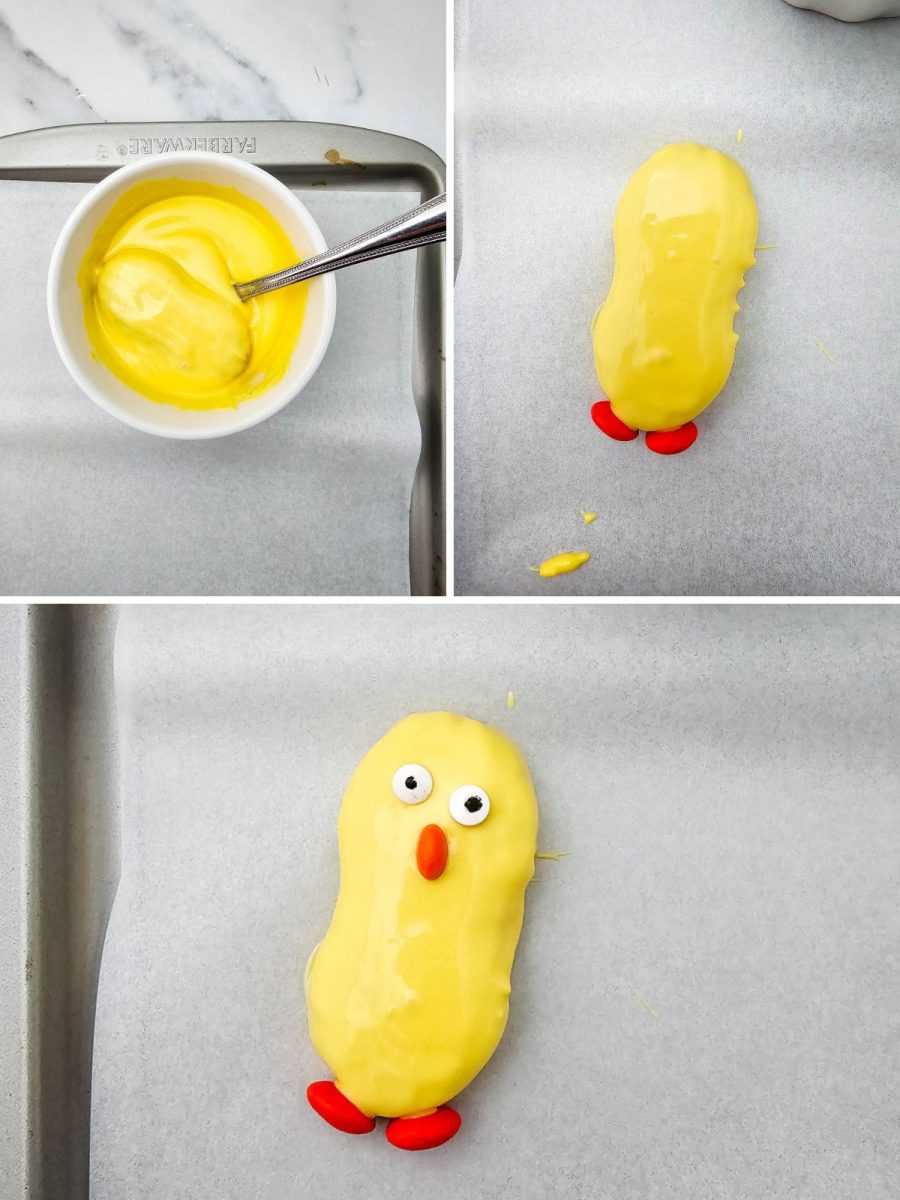 A three-part collage showing the steps to decorate spring treats, including dipping a cookie into yellow melted candy, adding orange candy feet, and placing candy eyes and an orange beak to finish the face.