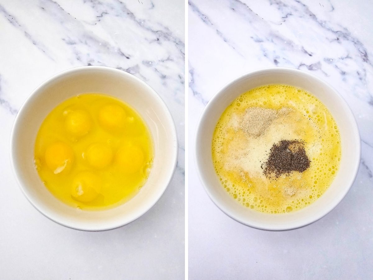 Side-by-side view of six large egg yolks in a white bowl, followed by the addition of milk and black pepper being whisked together.