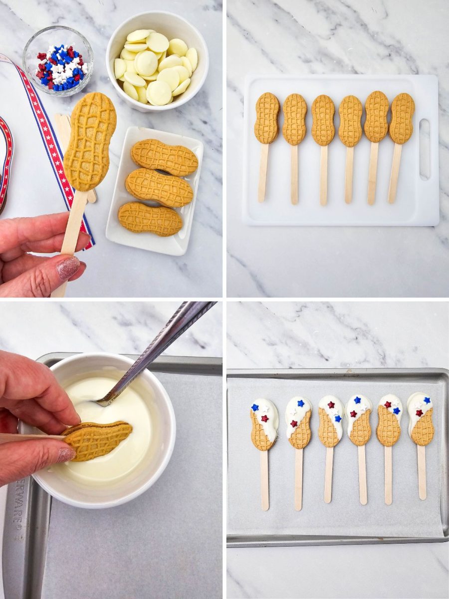 A four-panel grid showing the step-by-step process of making red, white, and blue nutter butter cookie pops, from inserting the sticks and dipping the cookies in white chocolate to adding the festive star sprinkles.