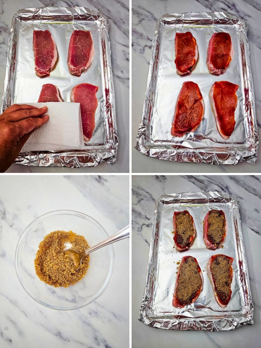 A four-panel collage showing the cooking process: drying the meat, spreading sauce, mixing spices in a bowl, and coating the meat before baking.