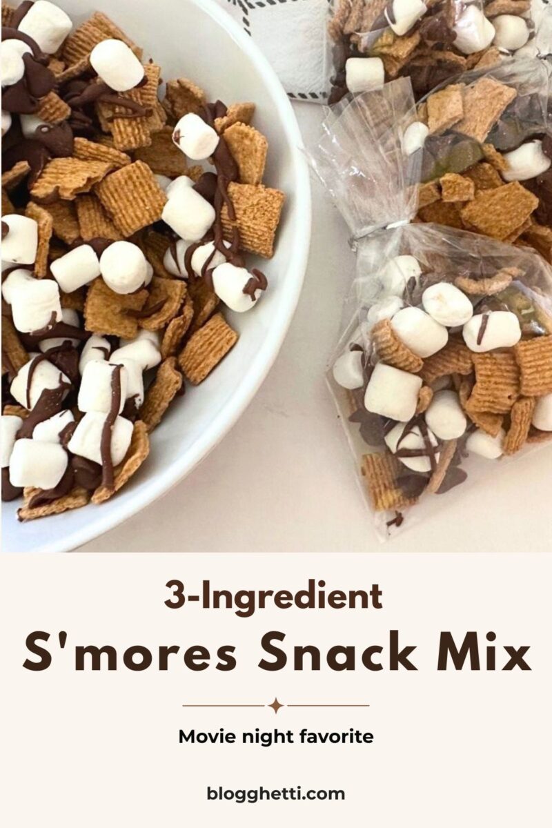 A bowl of S'mores Snack Mix and individually packaged treat bags are shown with a title overlay that reads "3-Ingredient S'mores Snack Mix." 