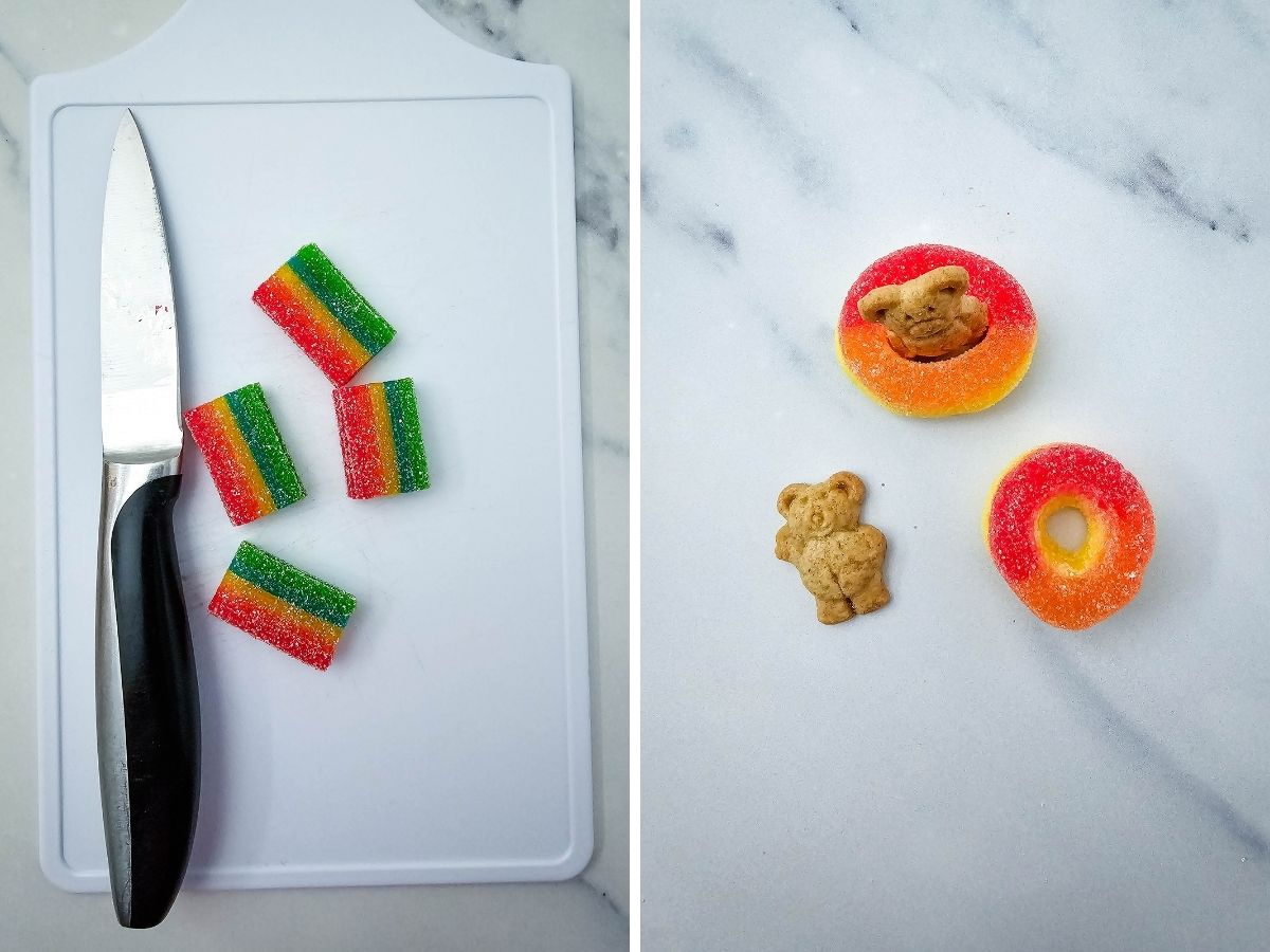 Cut Airhead Extremes into pieces and place Teddy Grahams inside Peachy Rings to create pool float decorations for a summer-themed charcuterie board.