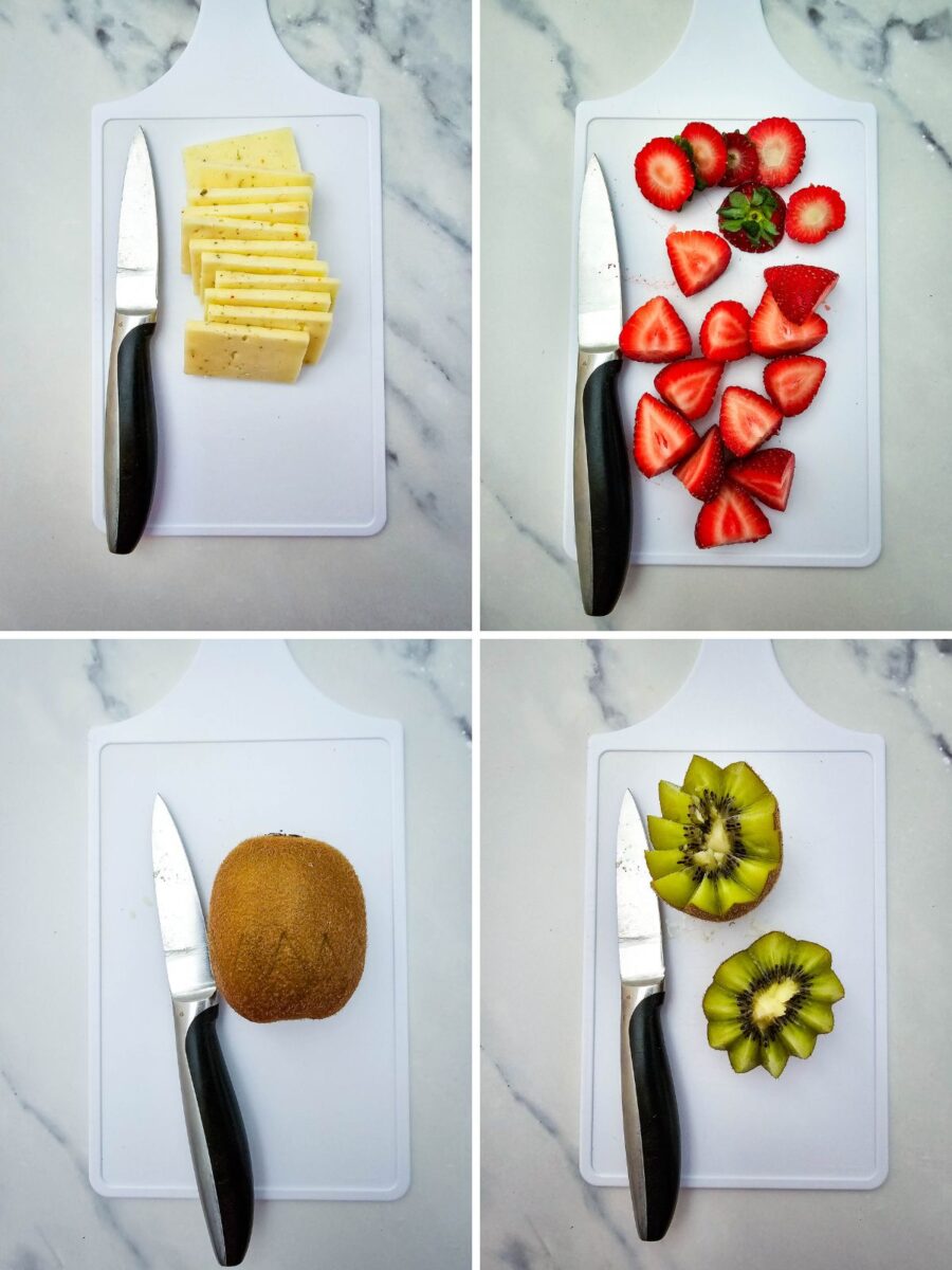 Slice jalapeño Havarti cheese, strawberries, and kiwi flowers to prepare ingredients for a Pool Party Charcuterie Board.