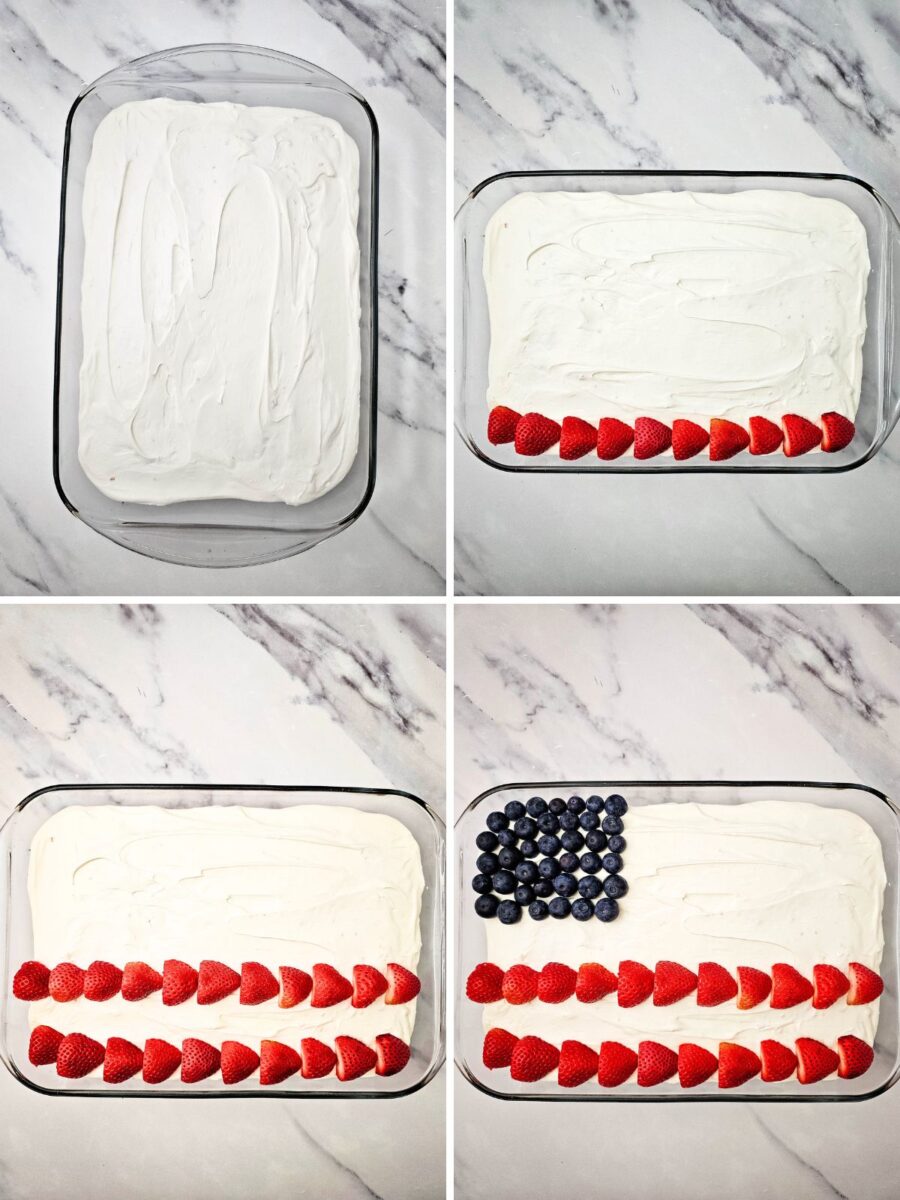 Step-by-step process of decorating a berry-topped Fourth of July cake