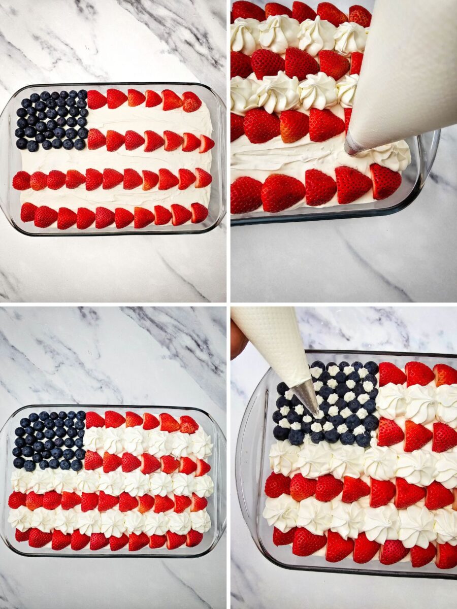 Piping frosting stars between rows of strawberries and blueberries