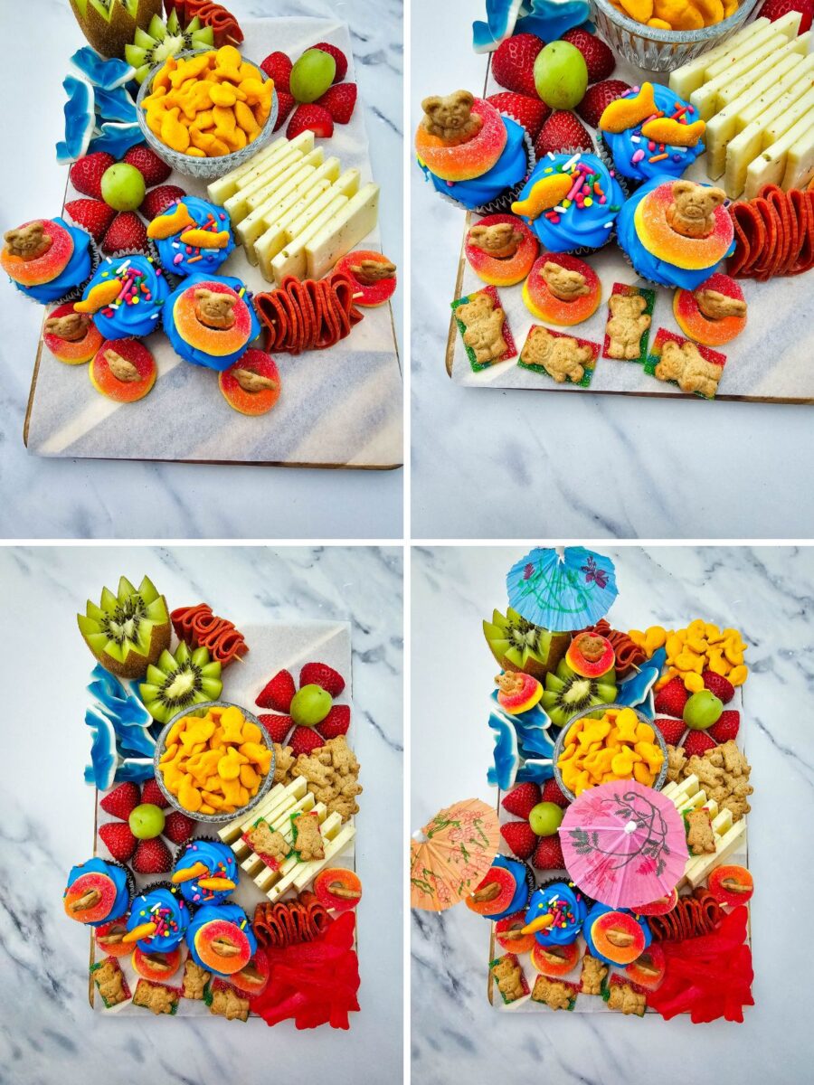 Four photos showing the final steps of assembling a summer charcuterie board with fruit flowers, cupcakes, cheese, Goldfish crackers, candy sharks, and tropical umbrellas.