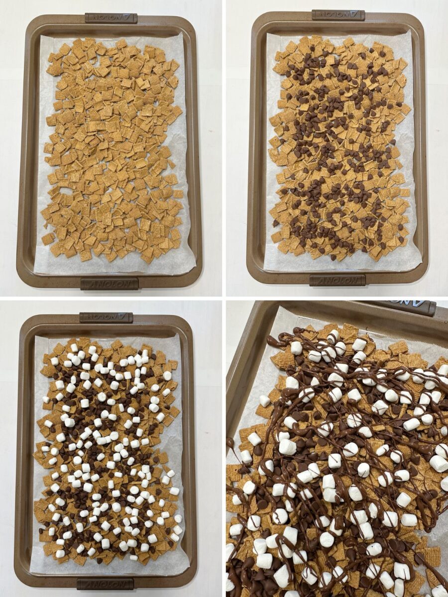 A four-photo collage shows how to make S'mores Snack Mix by layering Golden Grahams cereal, chocolate chips, mini marshmallows, and melted chocolate on a parchment-lined baking sheet before chilling.