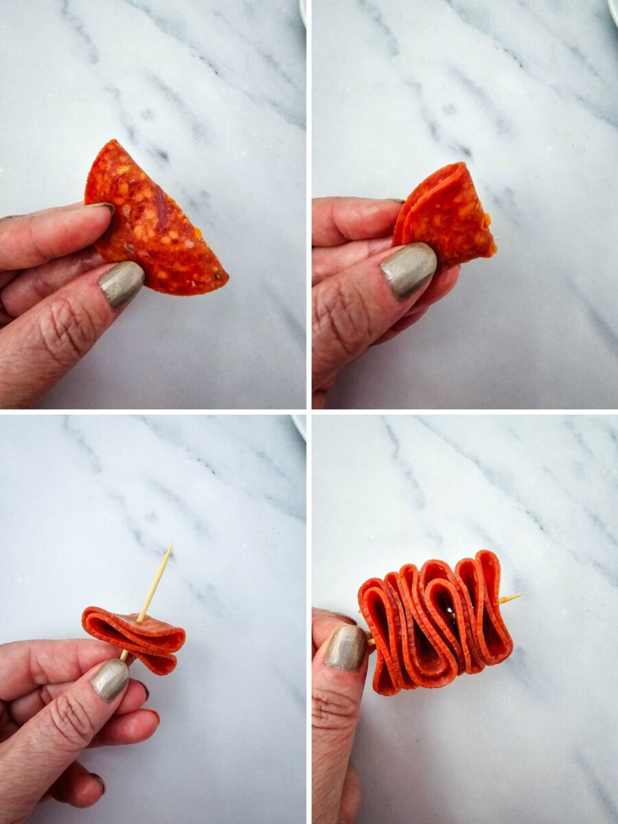 Step-by-step photos showing how to fold pepperoni slices and secure them with a toothpick for a decorative summer snack board.