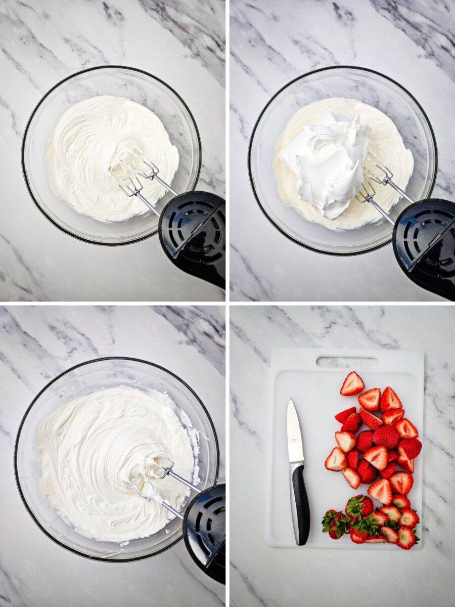 Mixing frosting and whipped topping while preparing fresh strawberries for decorating