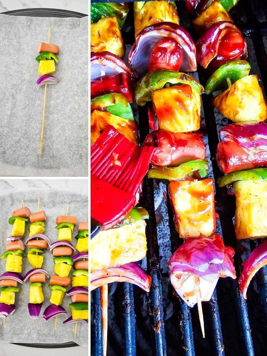 A three-photo collage shows hot dog kabobs being assembled on skewers, arranged on a baking sheet, and brushed with barbecue sauce while grilling.