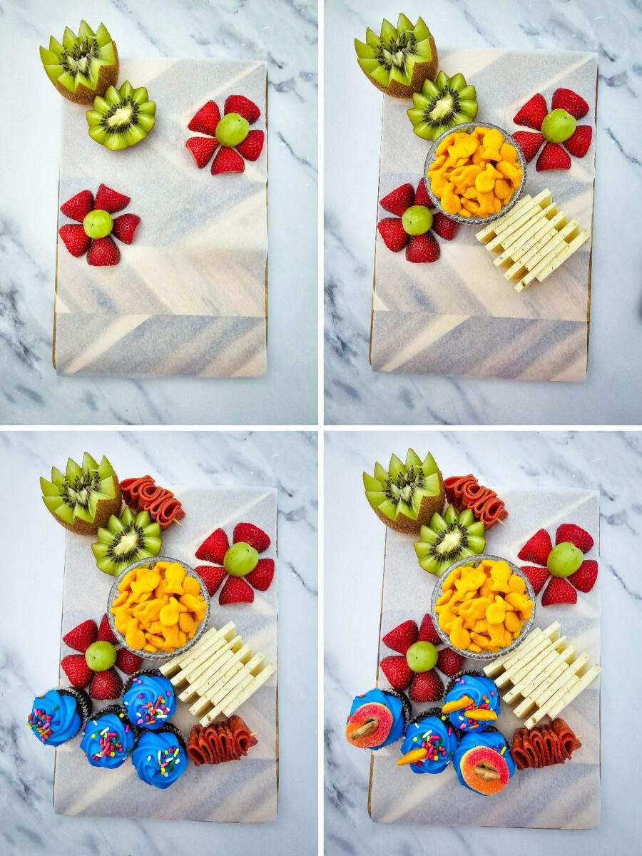 Four photos showing how to build a Pool Party Charcuterie Board by layering fruit flowers, cheese, Goldfish crackers, cupcakes, and pepperoni.