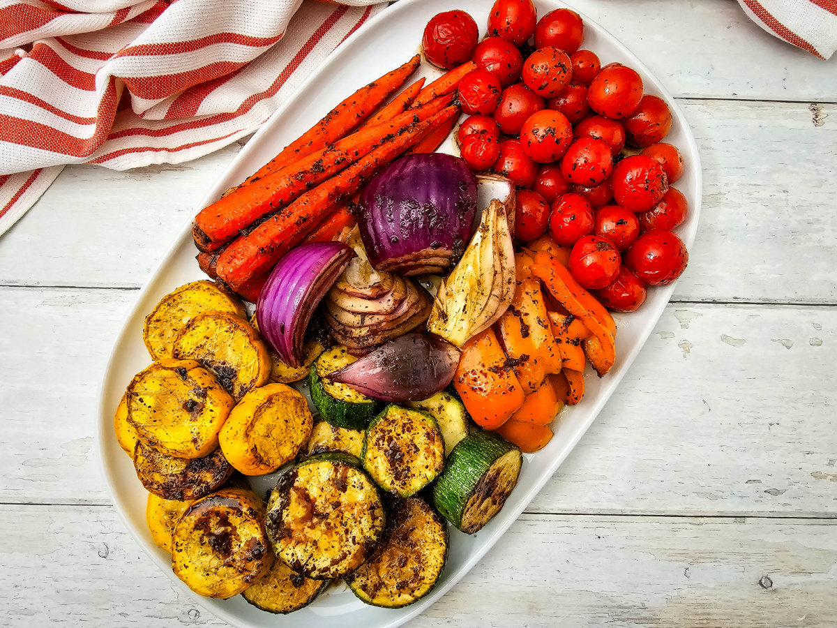 Fresh summer side dish with smoky grilled vegetables and a simple balsamic marinade.