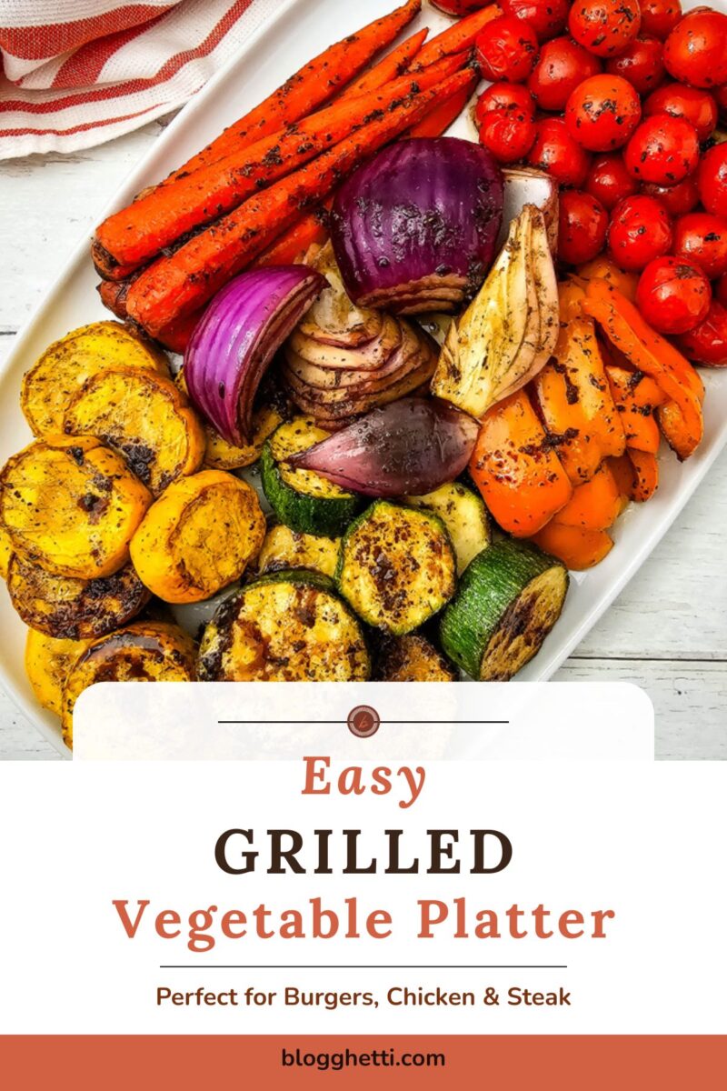 Pinterest pin for Easy Grilled Vegetable Platter featuring colorful grilled vegetables on a serving platter with a summer side dish title and serving suggestion.