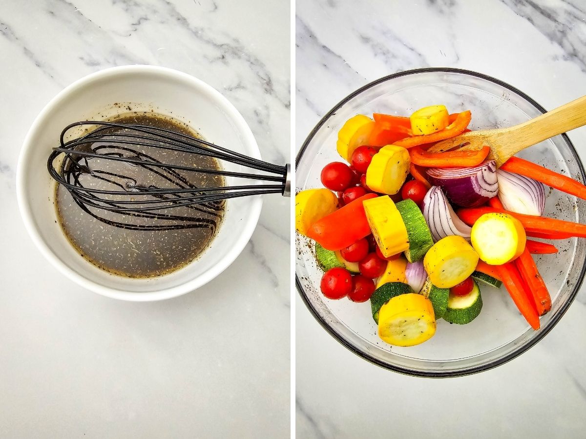 Balsamic marinade being whisked together and tossed with fresh vegetables before grilling.