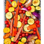 Pinterest pin showing vegetables on a grill tray with the message "Real Recipe. Real Kitchen." and simple balsamic marinade grilling instructions.