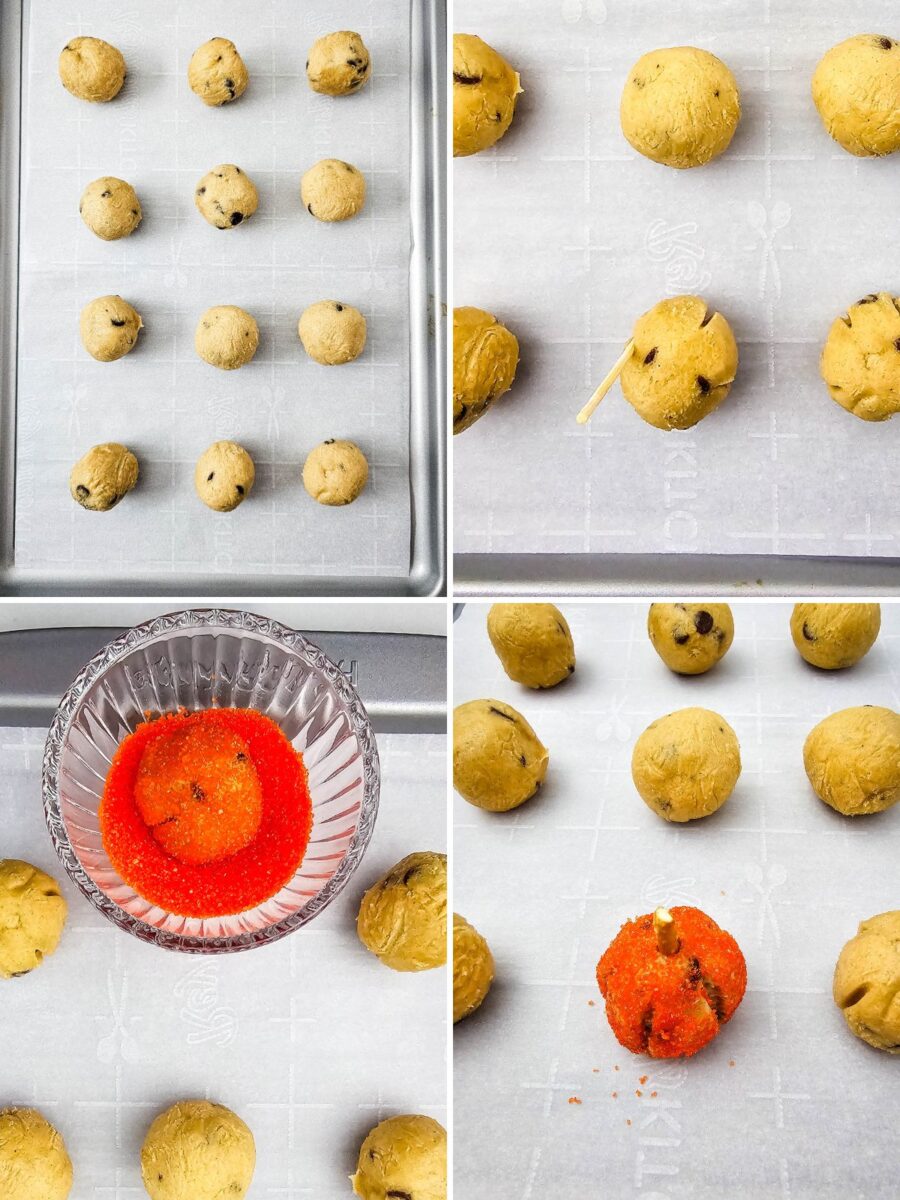 Step-by-step collage showing cookie dough rolled into balls, shaped with a toothpick, coated in orange sanding sugar, and topped with pretzel stems.