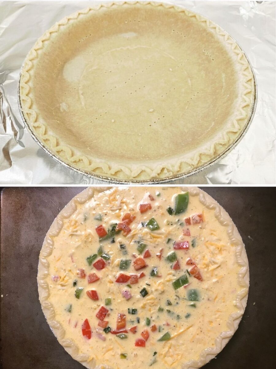 Par-baked deep-dish pie shell followed by the assembled egg custard filling with ham, bell peppers, onions, and shredded cheese.