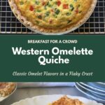 Pinterest collage showing a whole baked breakfast quiche and a plated slice with a flaky crust. Text reads “Breakfast for a Crowd” and “Classic Omelet Flavors in a Flaky Crust.”