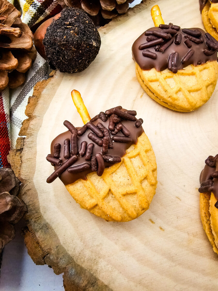 Close-up of two Nutter Butter halves decorated with chocolate, sprinkles, and pretzel stems to resemble acorns.