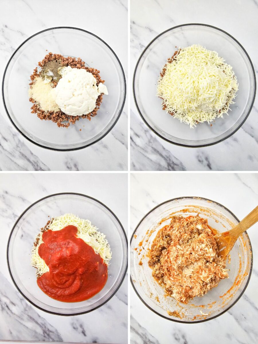 Four-step collage showing cooked sausage with ricotta and seasonings, shredded mozzarella added to the bowl, pasta sauce spooned over the mixture, and the finished stuffed shell filling stirred together.