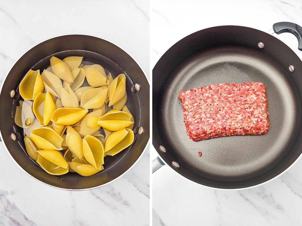 Two-step collage showing jumbo pasta shells cooking in a pot of water and Italian sausage beginning to brown in a skillet.