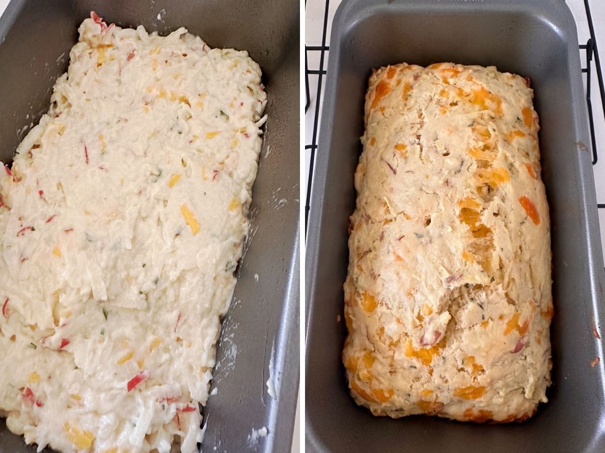 Side-by-side views of thick apple and cheese dough spread in a loaf pan and the baked loaf in the same pan.