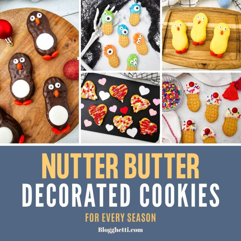 Feature image for Nutter Butter Decorated Cookies showing chocolate penguins, colorful Halloween monsters, yellow Easter chicks, Valentine heart cookies, and sprinkle-topped ice cream cone cookies. Text reads “Nutter Butter Decorated Cookies for Every Season.”